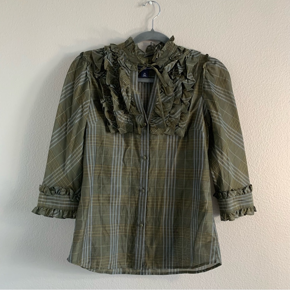 GAP Green Ruffled 3/4 Sleeve Blouse